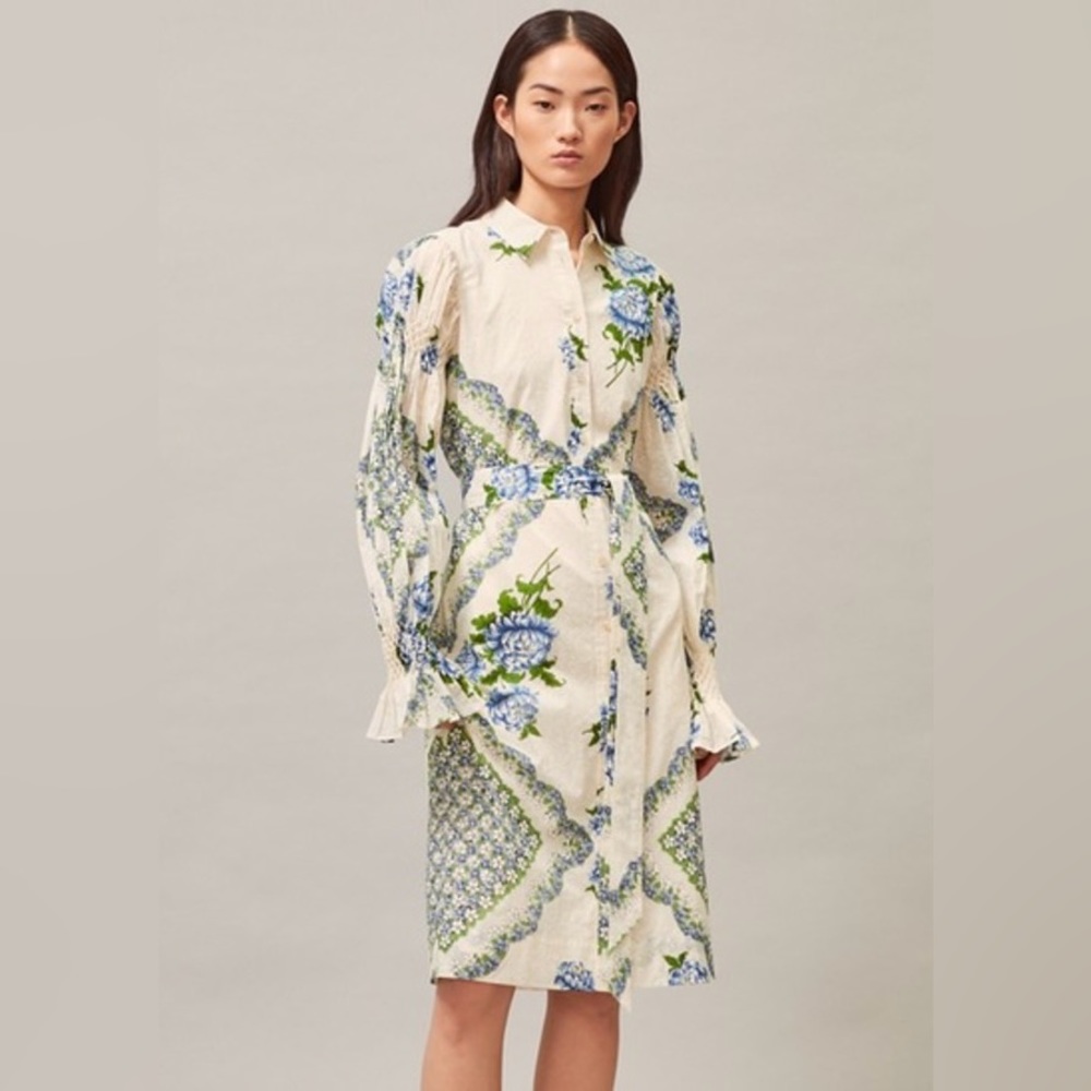 Tory Burch Long Sleeve Floral Print Cotton Shirt Midi Dress  size 6